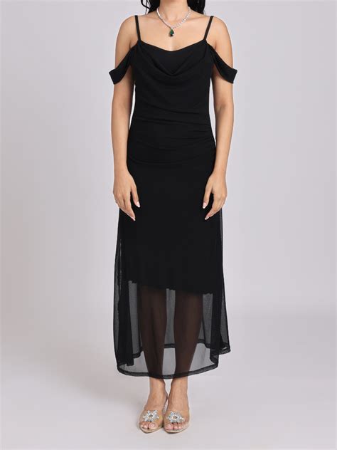 Black Draped Cold-Shoulder Sheer Hem Maxi Dress – NATICA