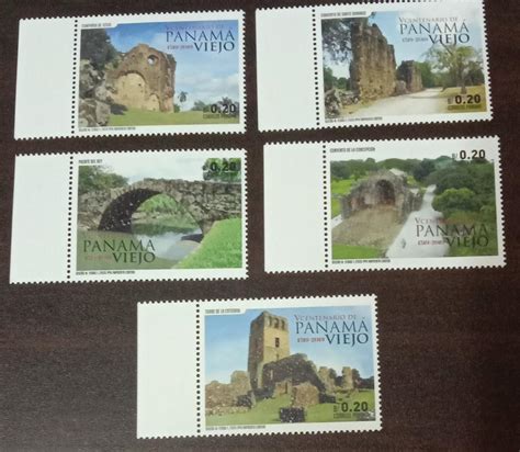 Set of 5 stamps from Panama with real stone dust affixed on all stamps ...