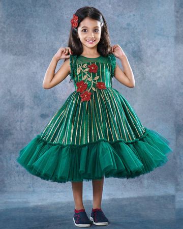 Bottle Green Designer Handwork Designer Flower Frock – Stanwells Kids