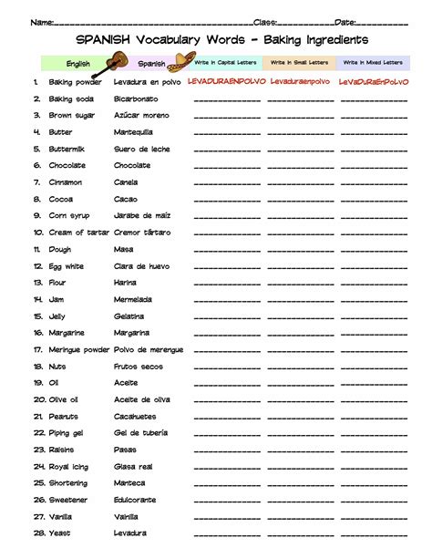 Spanish Baking Ingredients Vocabulary Word List Column Worksheet | Made ...