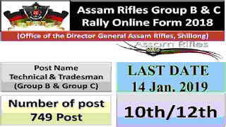 Assam Rifles Recruitment 2019- 749 Clerk, Technical and Tradesmen Posts
