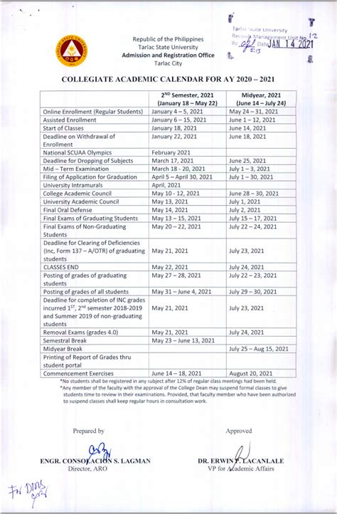 Collegiate Academic Calendar for A.Y. 2020-2021 - Tarlac State University