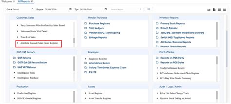 Attribute-Barcode Sales Order Register