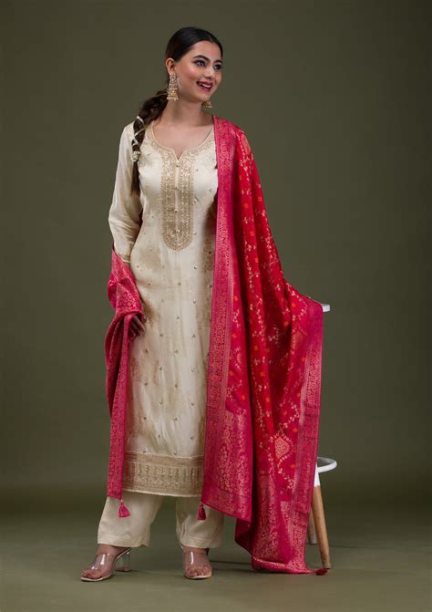 Buy Cream Zariwork Crepe Readymade Salwar Suit - Koskii