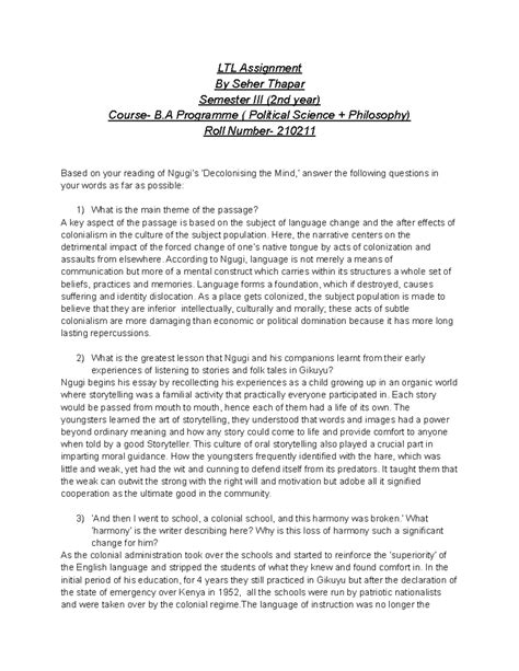 LTL Assignment on Ngugi’s ‘Decolonising the Mind’ - B.A. Program - Studocu