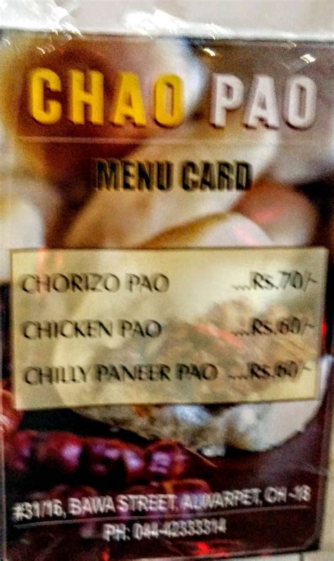 Menu at Chao Pao, Chennai