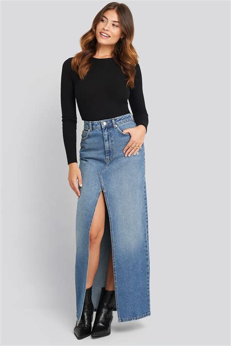 Front Split Maxi Denim Skirt Bleu | Long denim skirt, Maxi skirt ...