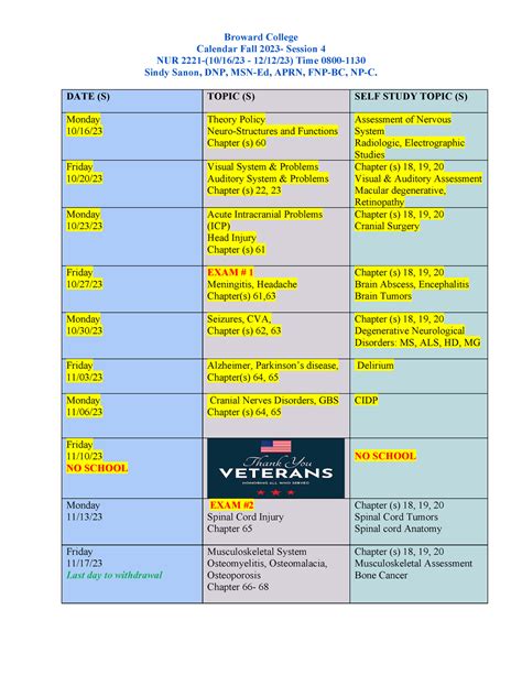 NUR 2221 Calendar- Fall 2023 - Broward College Calendar Fall 2023 ...