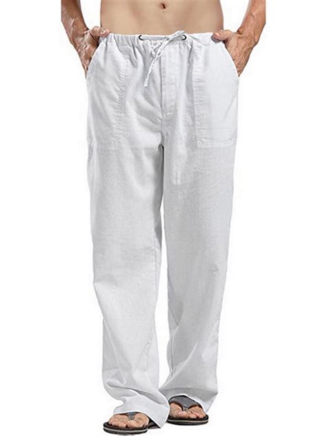 Men's Drawstring Cotton Linen Pants Solid Color Elastic Waist Relaxed ...