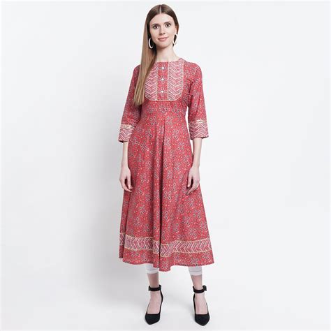 Cotton Round Neck Floral Printed Anarkali Kurta (Maroon) – Yash Gallery