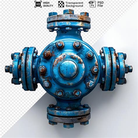 Rusty blue industrial valve with four connection points isolated on a ...