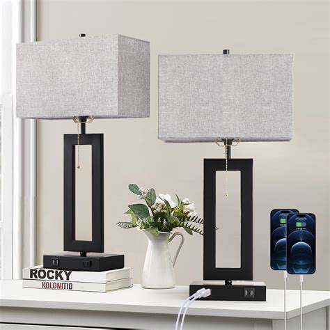 IBBIBABO Set of 2 Industrial Table Lamps with 2 USB Ports&AC Outlet, 22 ...