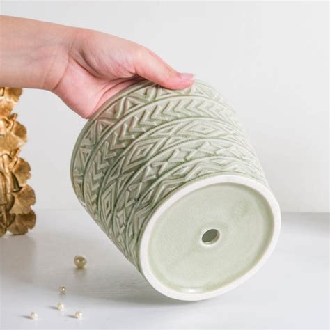Intricate Texture Sage Green Pot Online - Premium Planter | Nestasia