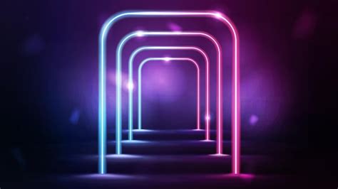 Neon roze en blauwe frames. Tunnel van neon rechthoekige verticale ...