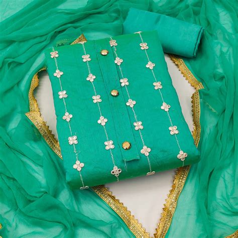 Rama Green Dress Material With Floral Embroidery & Traditional Gota Pa