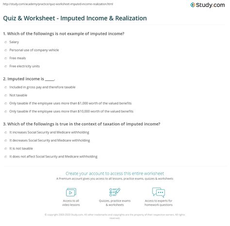 Quiz & Worksheet - Imputed Income & Realization | Study.com