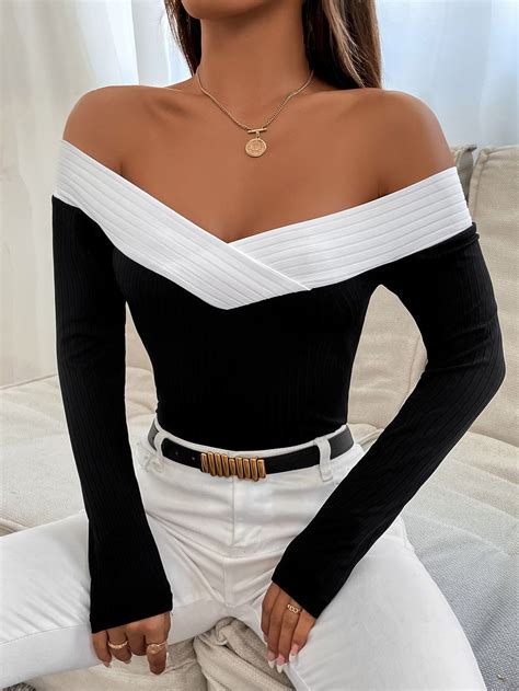 SHEIN PETITE Color Block Off Shoulder Tee | Clothes for women, Clothes ...