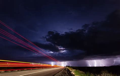 Wallpaper road, the sky, light, night, clouds, zipper, lightning ...