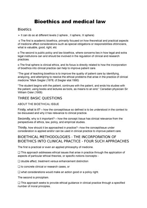 Bioethics and medical law an all other notes - Bioethics and medical ...