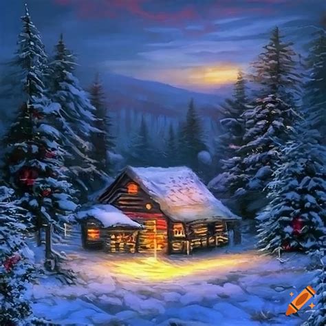 Thomas kinkade painting of a snow-covered log cabin in the winter night ...