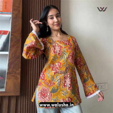 Mustard Blossom Printed Bell Sleeve Short Kurti – Walusha