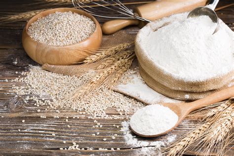 Organic Natural Whole Grain Flour in a Wooden Spoon and wheat seeds ...