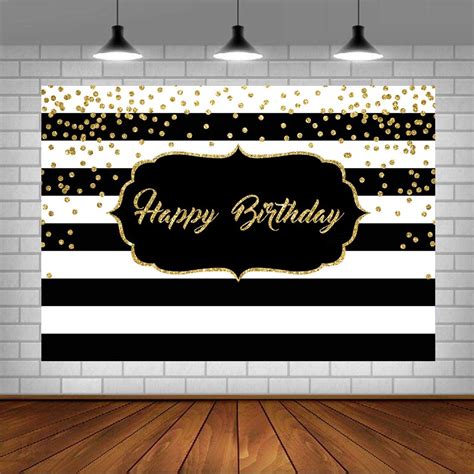 Buy Happy Birthday Photo Backdrop Black and White Stripes Gold Shining ...