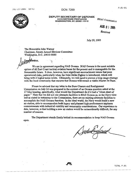 Letter from Deputy Secretary of Defense Gordon England to Senator Warner. dtd 20 July 2005 - UNT ...