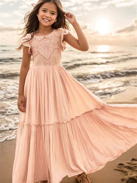 Tween Girl Summer Holiday Contrast Lace Cap Sleeve Dress With Ruffled ...