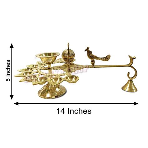 Brass 11 Mukhi Aarti Diya with Handle | Traditional Puja Lamp