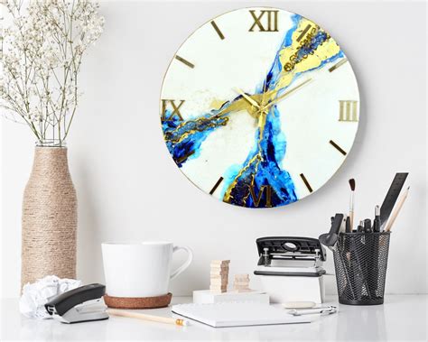 White & Blue Abstract Epoxy Resin Wall Clock, Striking Gold Accents ...