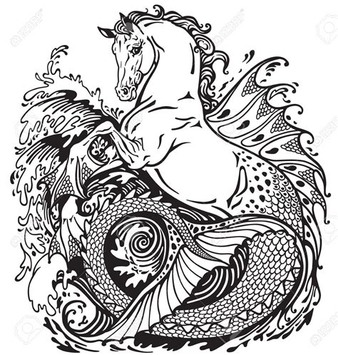 Black and white illustration, Seahorse tattoo, Mythology