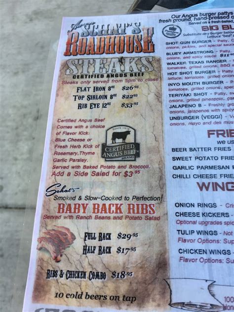 Menu at Aaron Schat's Roadhouse restaurant, Bishop