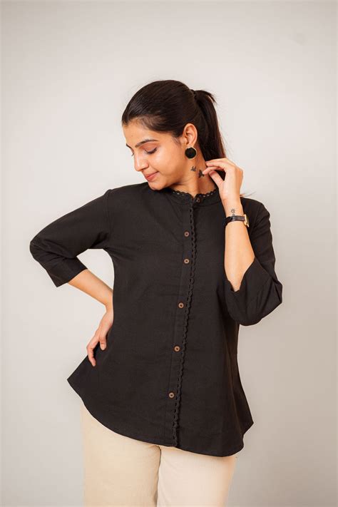 Black Lace Trim Mandarin Collar Solid Cotton Tunic Top – situ