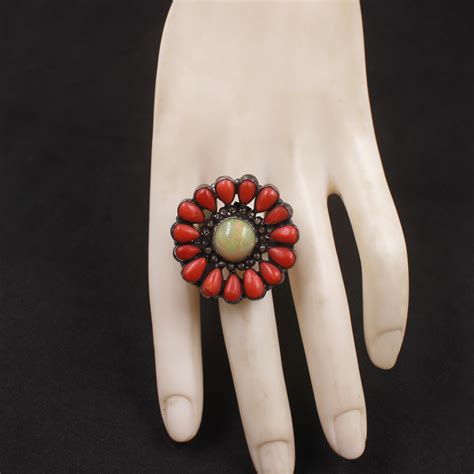 Natural Ethiopian Opal & Red Coral Ring With Pave Diamonds In 925 Ster ...
