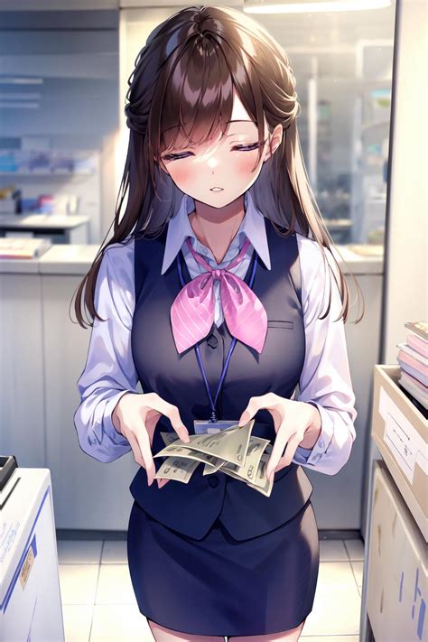 Anime girl with glasses holding a bunch of money in her hands - SeaArt AI