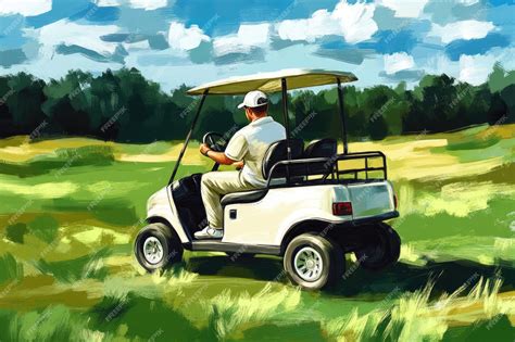 Golf Cart Drawing Golfer Driving Cart in Lush Green Golf Course ...