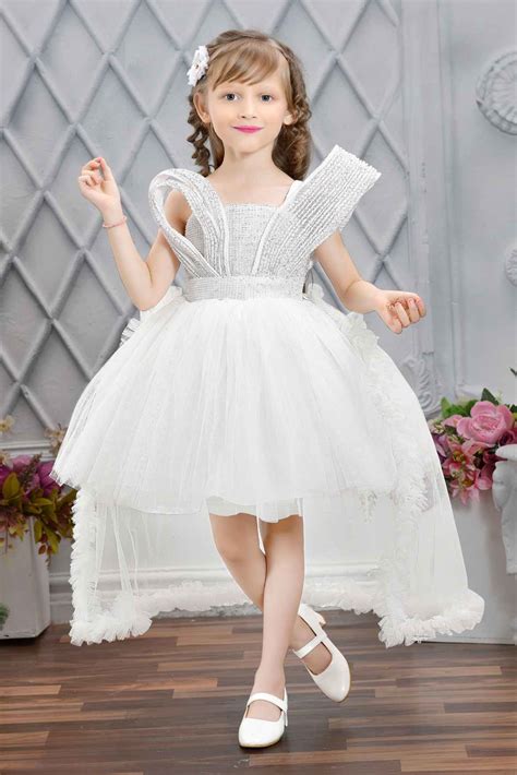 Designer White Sequin Partywear Net Tailback Frock For Girls – Lagorii Kids