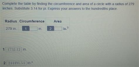 Solved: Complete the table by finding the circumference and area of a ...