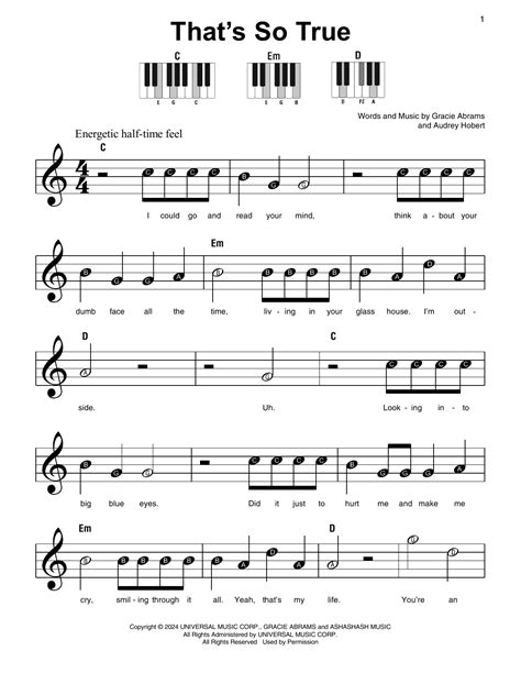 That's So True by Gracie Abrams Sheet Music for Super Easy Piano at ...
