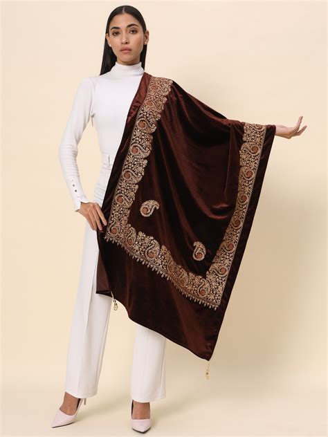 Soft Velvet Paisley Embroidered Stole For Women | Brown – Zamour