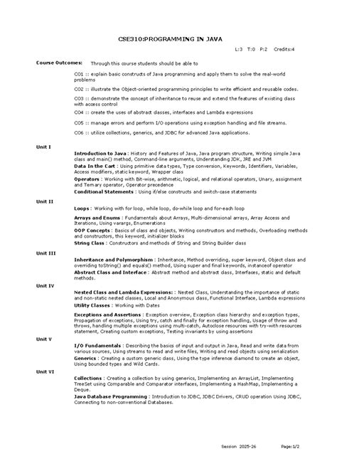 CSE310: Java Programming Course Syllabus and Outcomes - Studocu