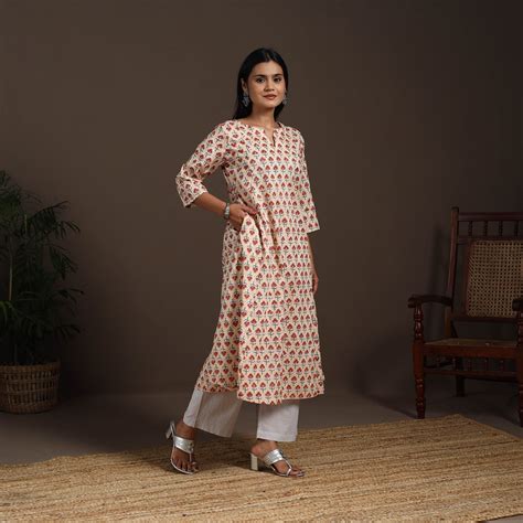 Beige Block Print Cotton A-Line Sanganeri Kurta