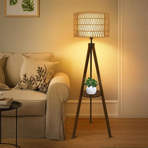 Bay Isle Home™ Boho Tripod Floor Lamp With Shelves, Mid Century Wood ...