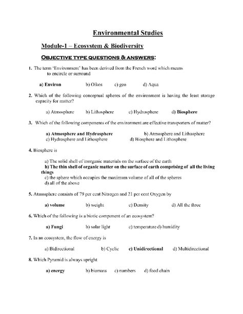 BESK508 Environmental Studies Ecosystem Biodiversity MCQs - Studocu
