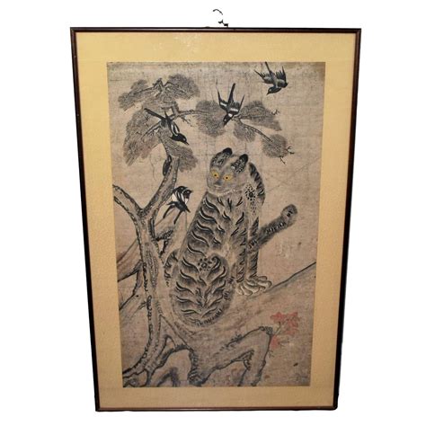 Antique Korean Painting: Minhwa Tiger And Magpies Auction