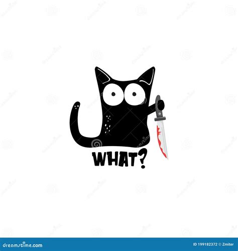 Black Cat and Knife Isolated on White Background. Funny Halloween Black ...