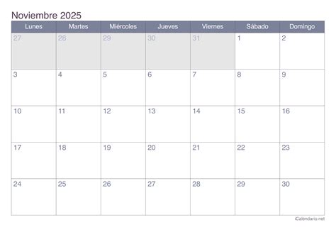 Calendario noviembre de 2025 para imprimir