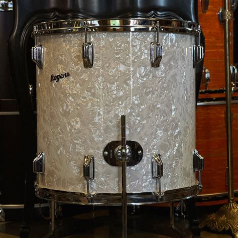 VINTAGE 1970's Rogers 16x16 White Marine Pearl Floor Tom - Badges Drum Shop