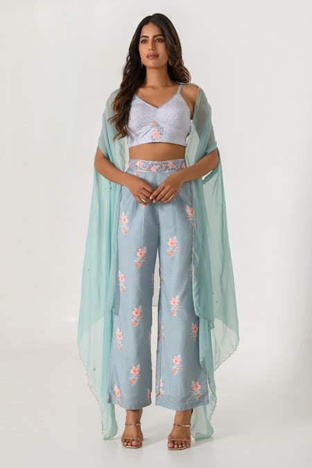 Buy Grey Cotton, Rayon Embroidery, Sequins V-neck Scalloped Border Cape ...